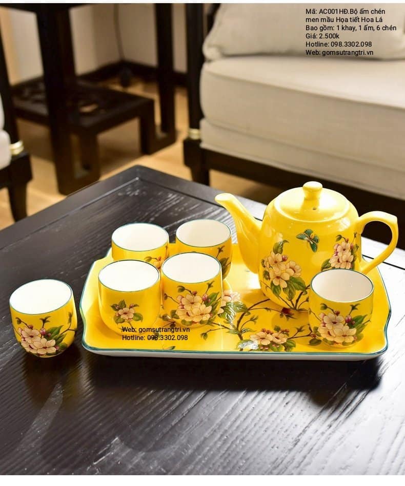 BỘ ẤM CHÉN MEN MÀU HỌA TIẾT HOA LÁ